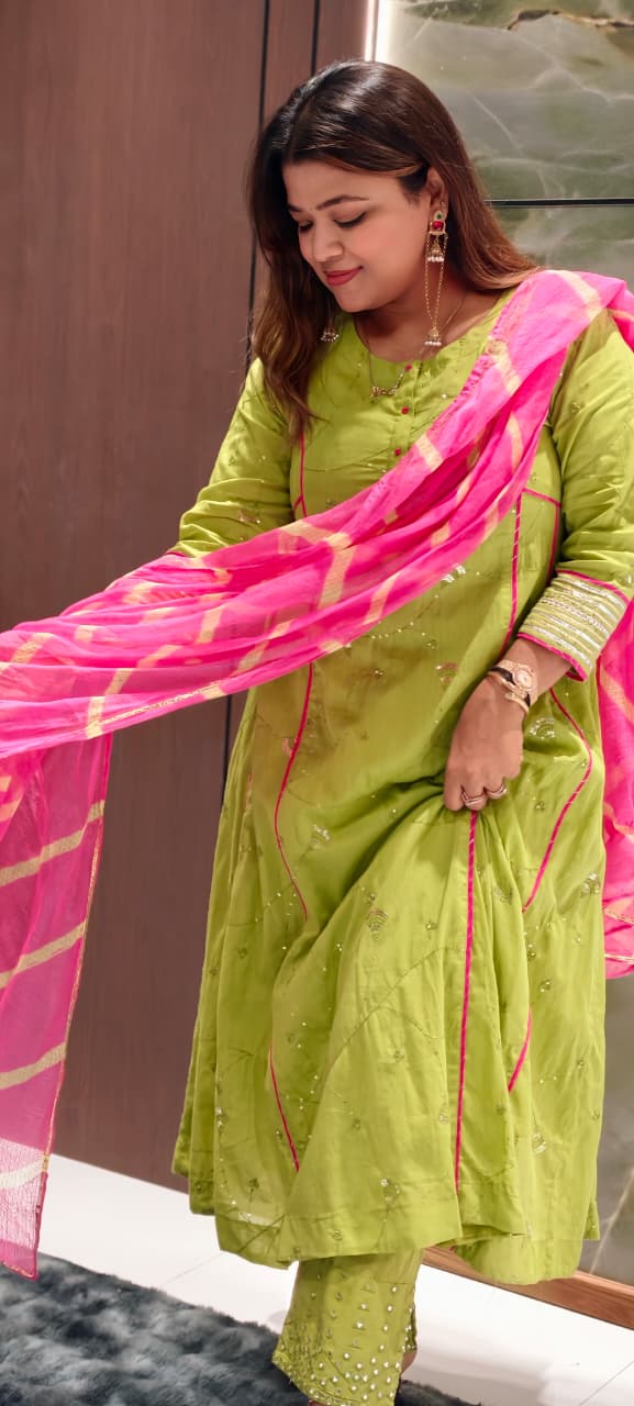 Beautiful Handcrafted Mul Cotton Suit Set with Embroidered Kurta, Matching Bottom & Printed Dupatta- 15820
