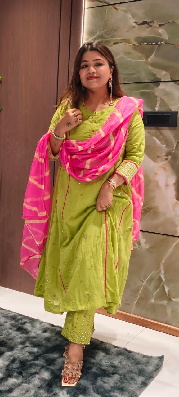 Beautiful Handcrafted Mul Cotton Suit Set with Embroidered Kurta, Matching Bottom & Printed Dupatta- 15820