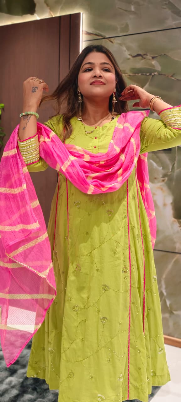Beautiful Handcrafted Mul Cotton Suit Set with Embroidered Kurta, Matching Bottom & Printed Dupatta- 15820