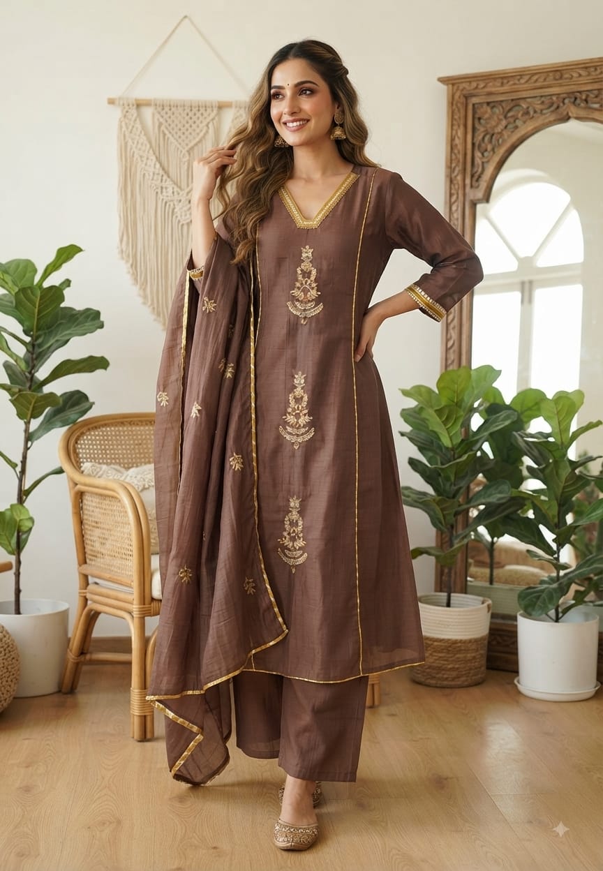 Beautiful Kundan Look Front Embroidery Highlighted A-Line Mul-Chanderi Full Suit Set With Dupatta- 15851