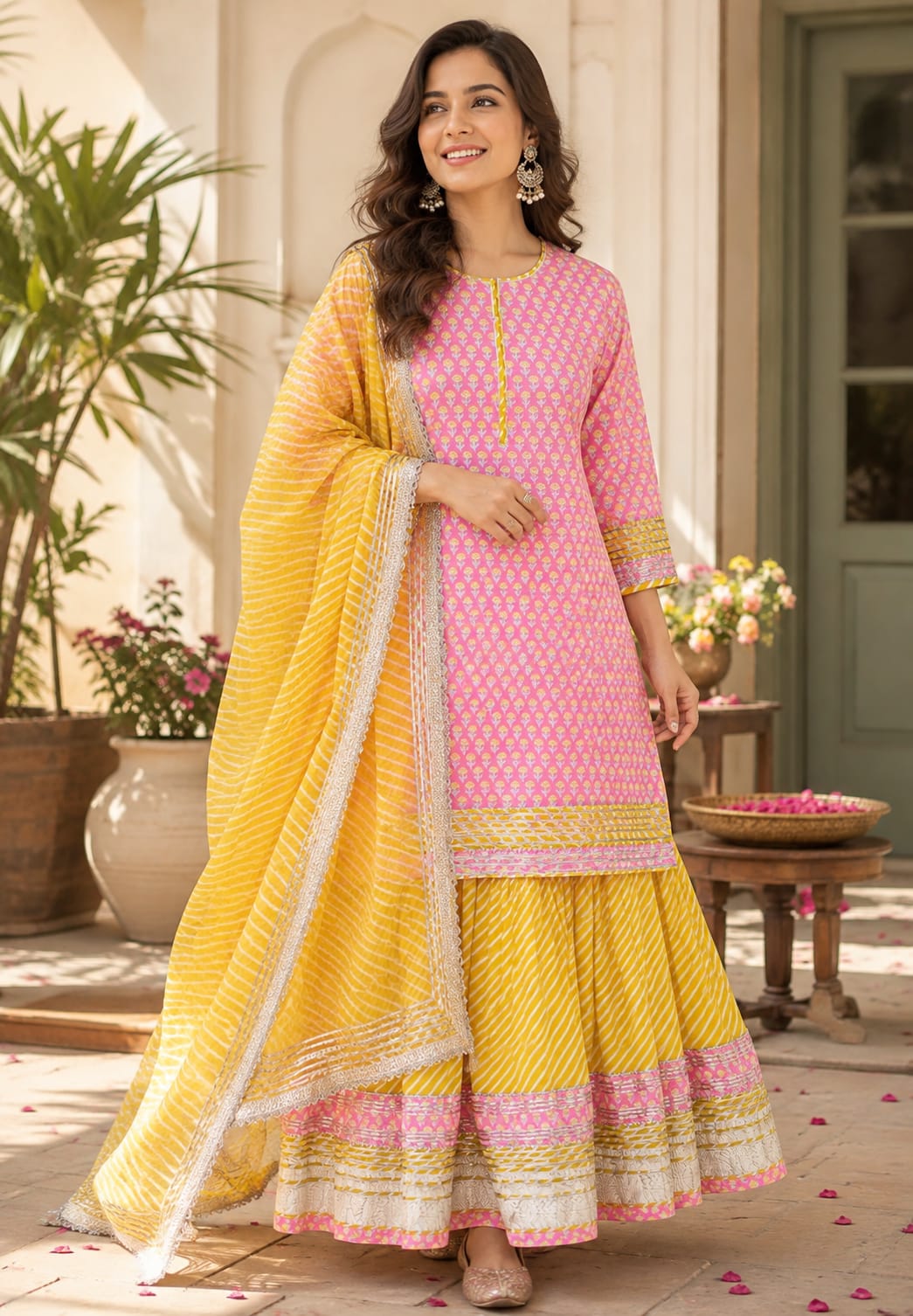 Pure Cottom Elegant Gotta Patti Work Floral Block Prints Ethnic Wear Full Suit Set With Dupatta & Heavy Sharara Bottom- 15837