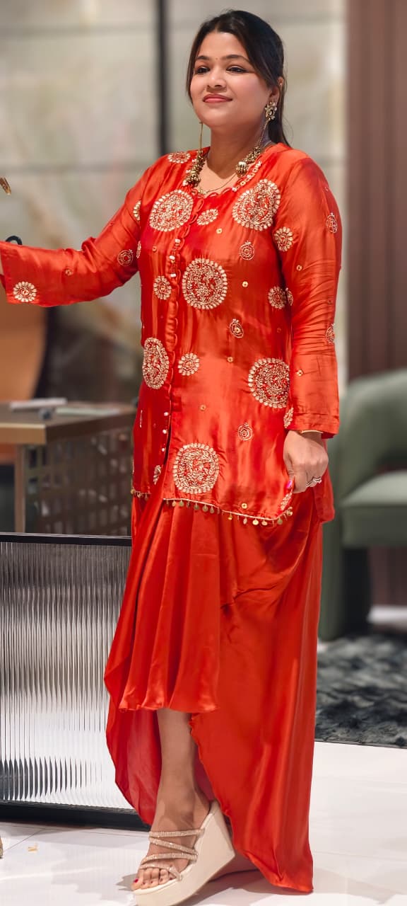Heavy Handwork Premium Gotta With Sequin & Pearl Elegance Modal Satin Festive Co-Ord Set With Drape Skirt Bottom- 15854