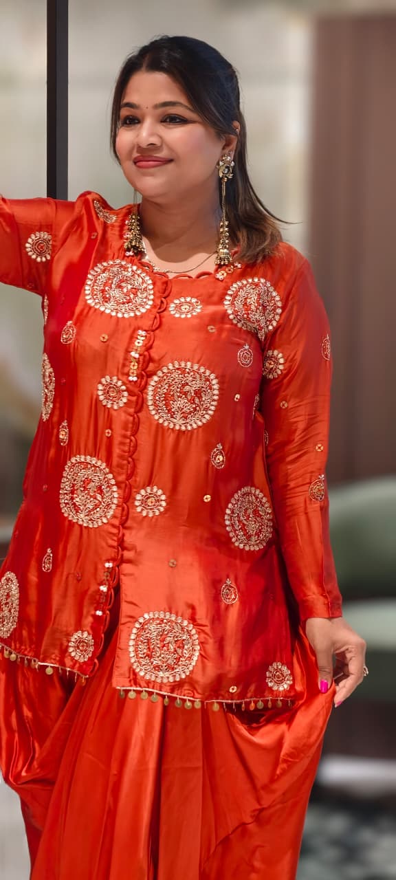 Heavy Handwork Premium Gotta With Sequin & Pearl Elegance Modal Satin Festive Co-Ord Set With Drape Skirt Bottom- 15854