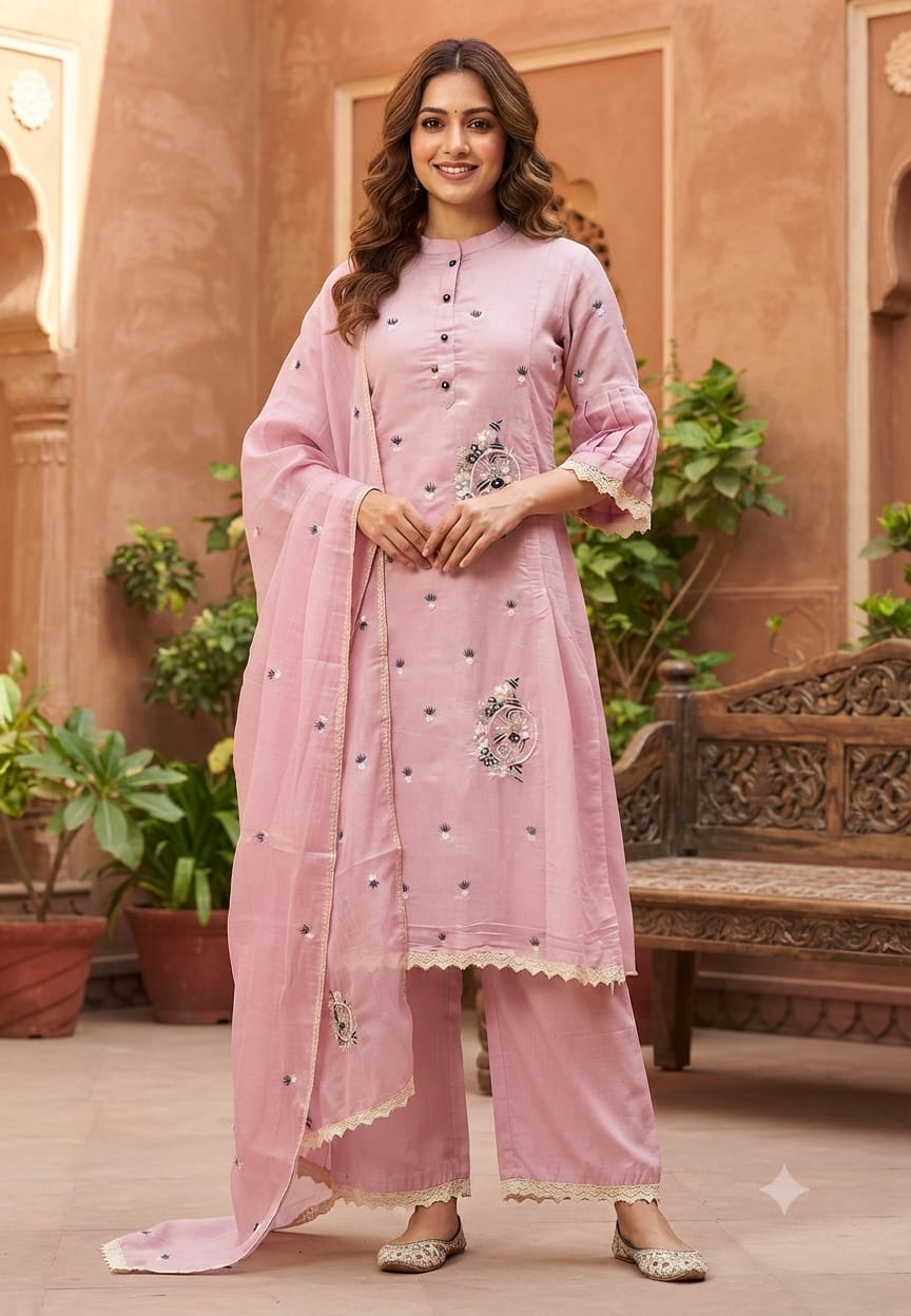 Cute Tiny Floral Motifs Closed Neck A-Line Surat Mul-Chanderi Full Suit Set With Dupatta- 15790
