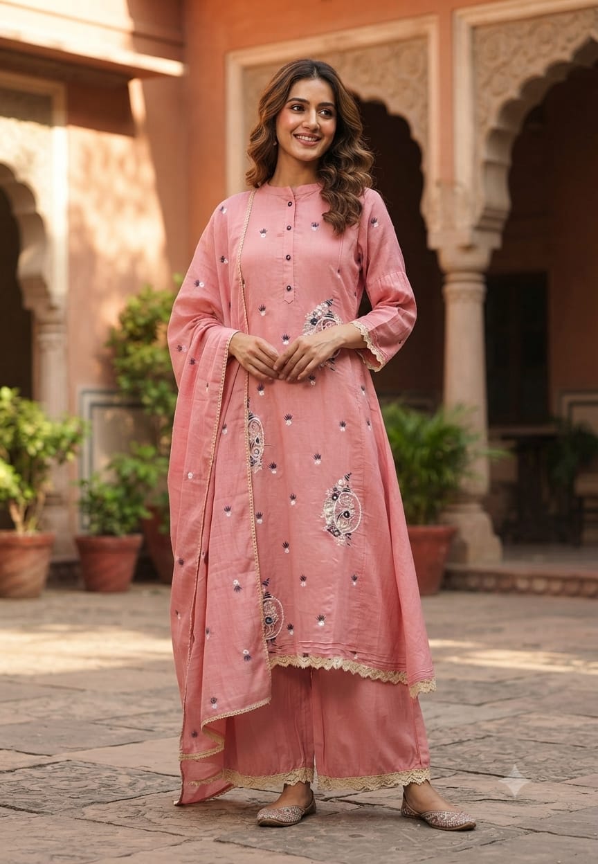 Cute Tiny Floral Motifs Closed Neck A-Line Surat Mul-Chanderi Full Suit Set With Dupatta- 15790