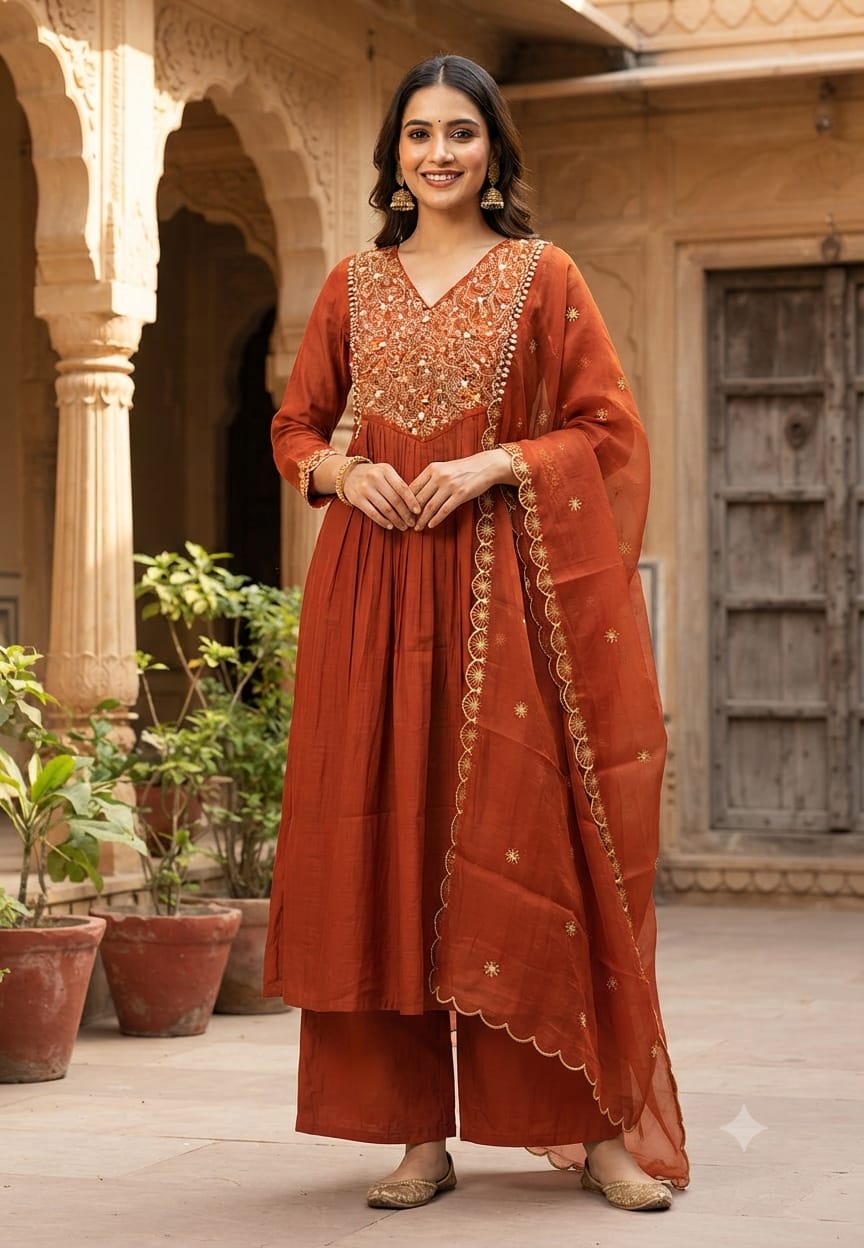 Grand Zardosi Yoke With Pearl Highlights Surat Mul-Chanderi A-Line Full Suit Set With Dupatta- 15828