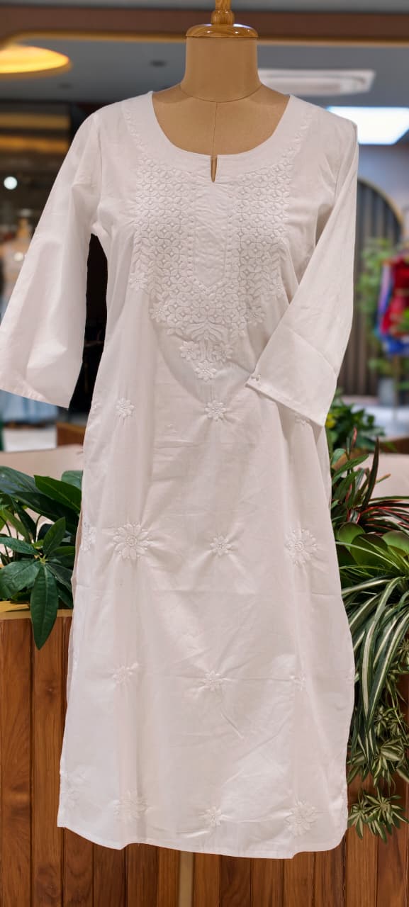 Flawless White Base Chikankari Embroidery Thick Cotton Long Kurti Only- 15869