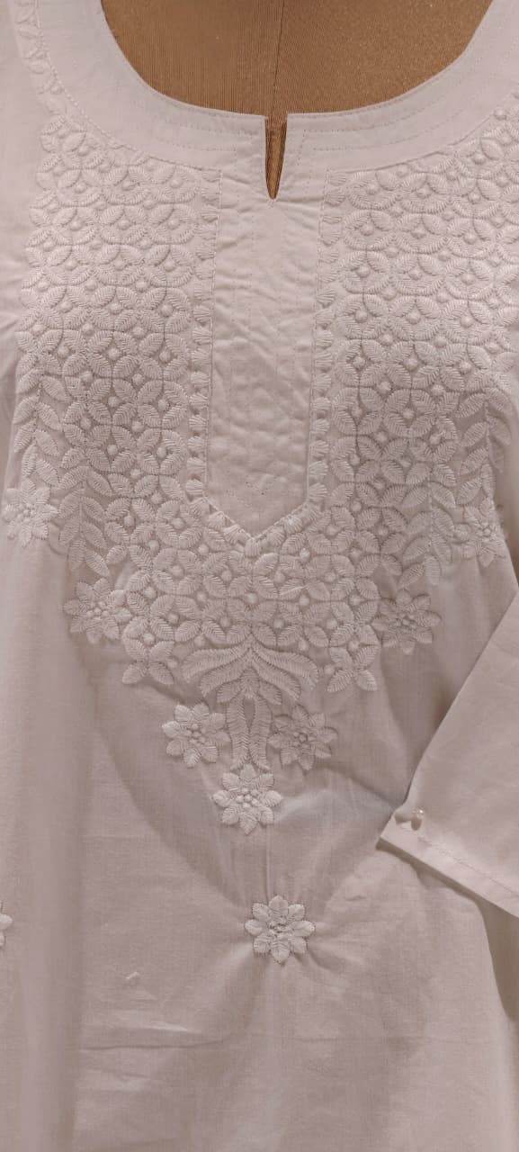 Flawless White Base Chikankari Embroidery Thick Cotton Long Kurti Only- 15869