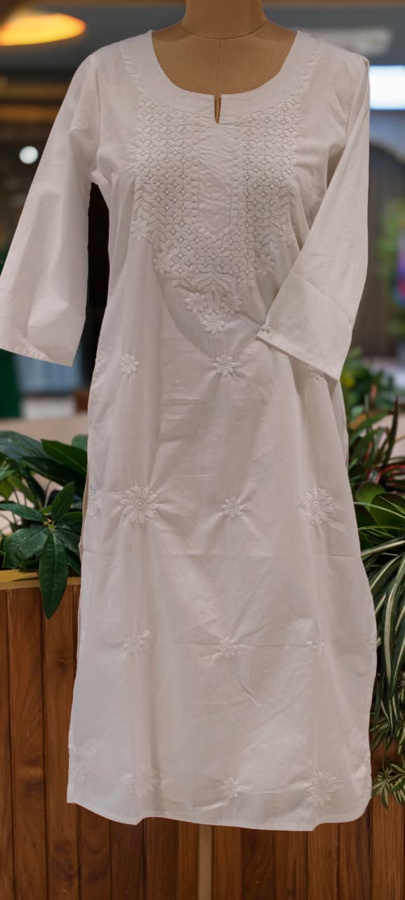 Flawless White Base Chikankari Embroidery Thick Cotton Long Kurti Only- 15869