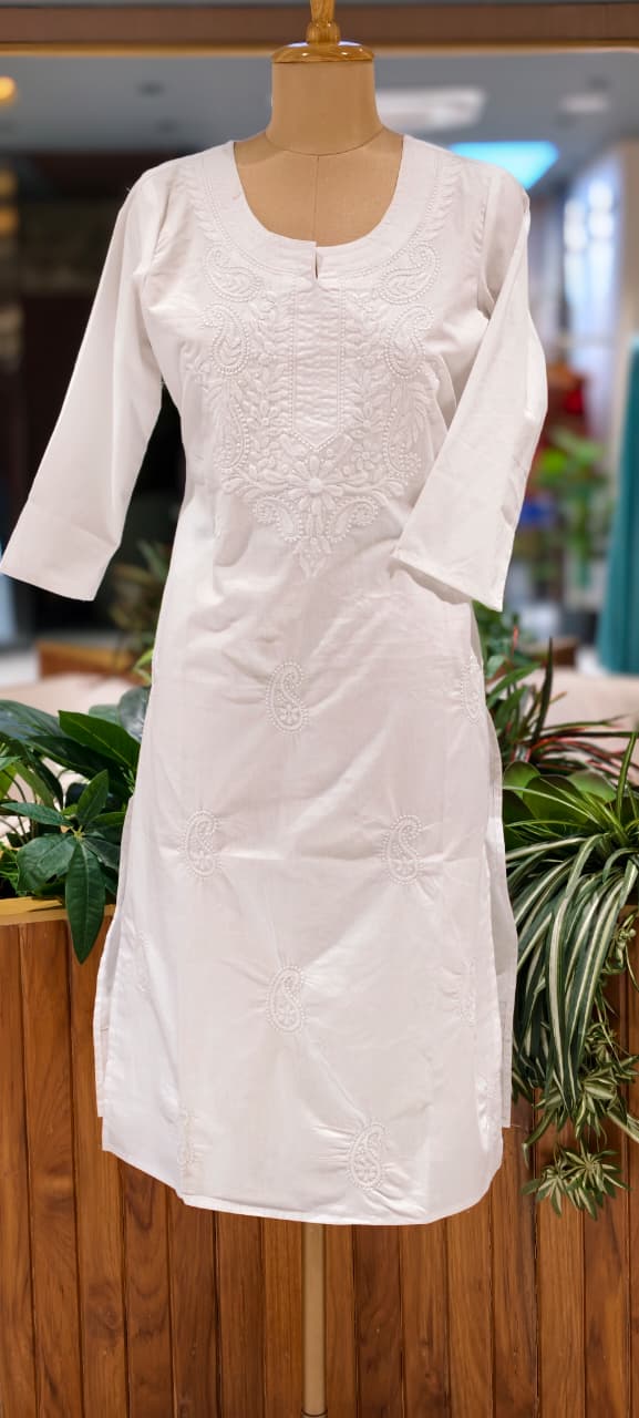 Flawless White Base Chikankari Embroidery Thick Cotton Long Kurti Only- 15869