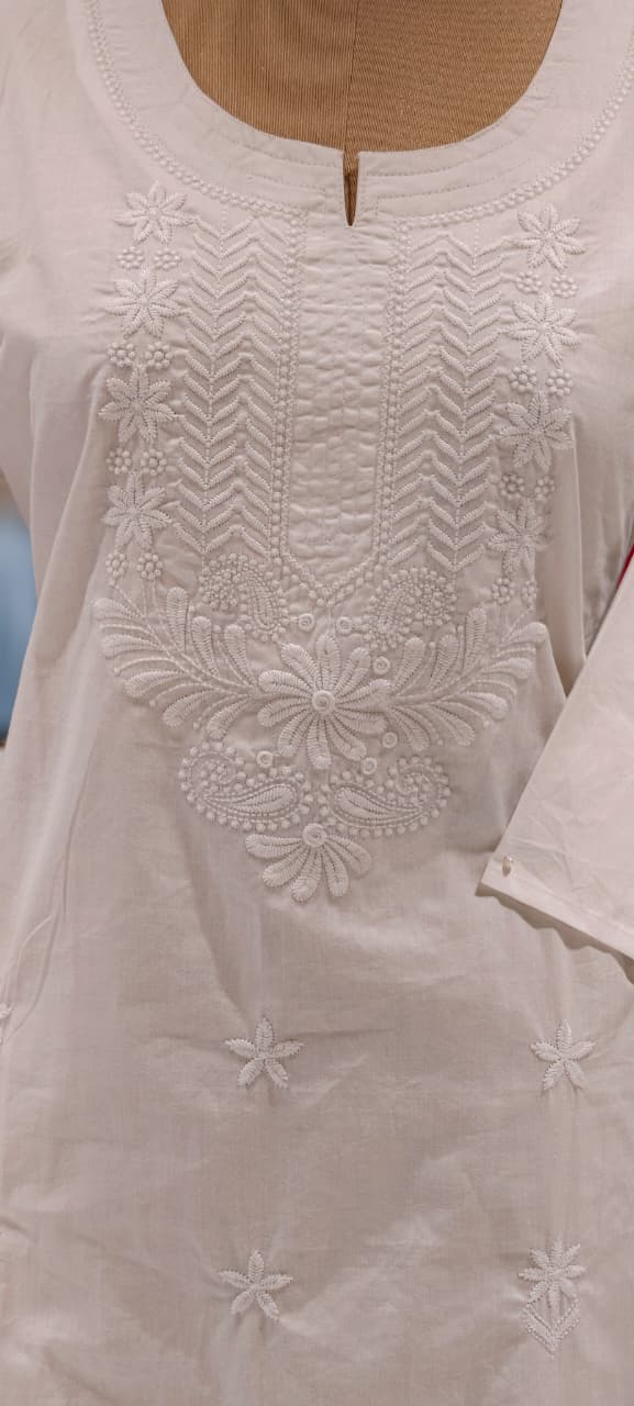 Flawless White Base Chikankari Embroidery Thick Cotton Long Kurti Only- 15869