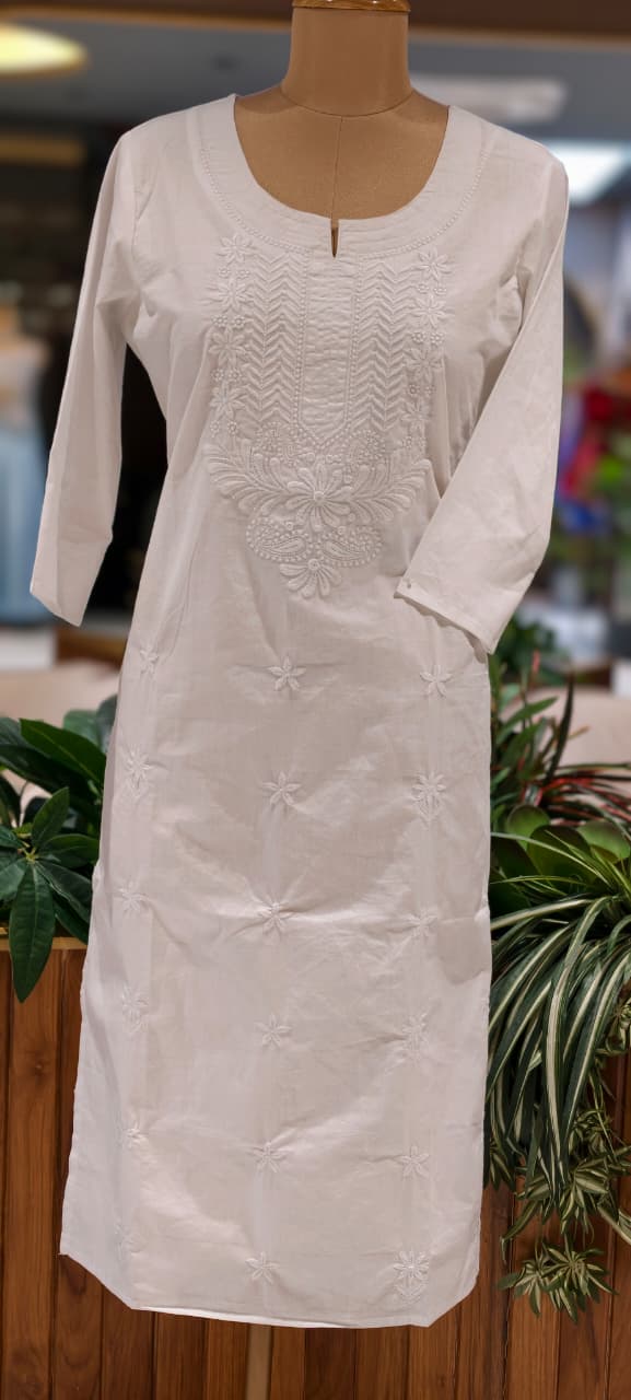 Flawless White Base Chikankari Embroidery Thick Cotton Long Kurti Only- 15869