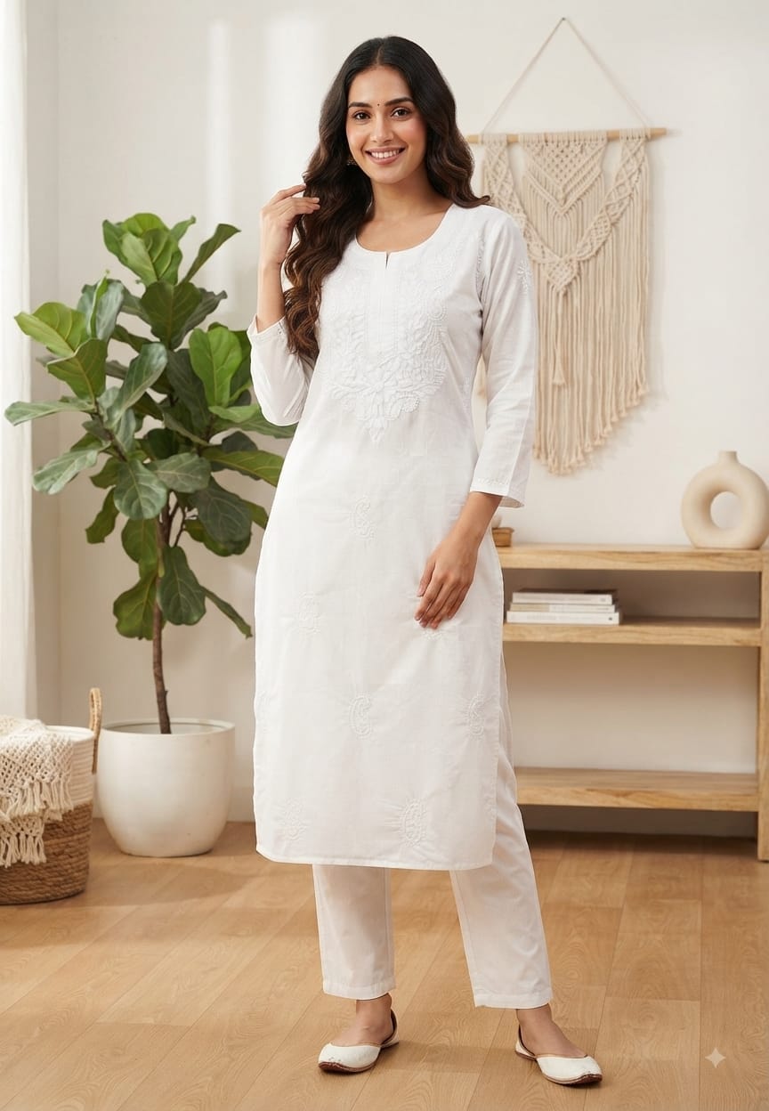 Flawless White Base Chikankari Embroidery Thick Cotton Long Kurti Only- 15869