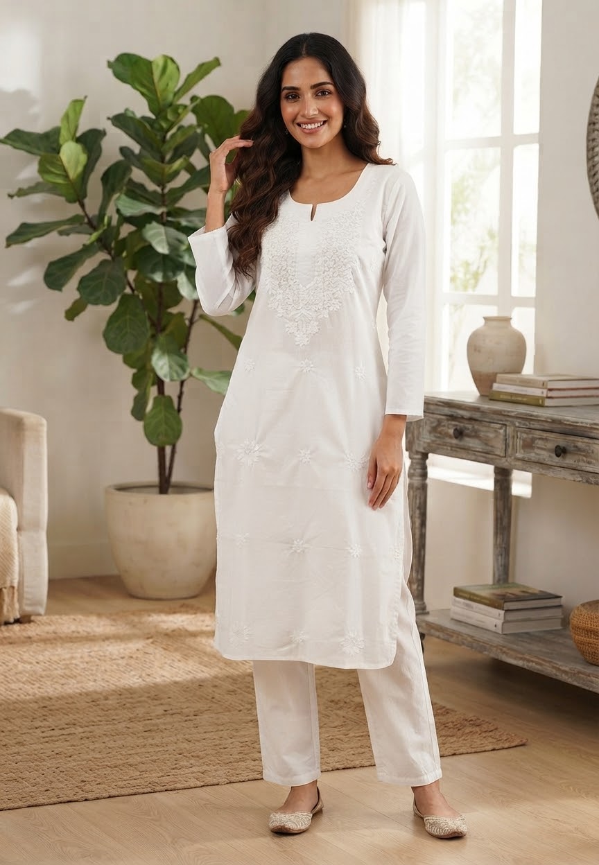Flawless White Base Chikankari Embroidery Thick Cotton Long Kurti Only- 15869