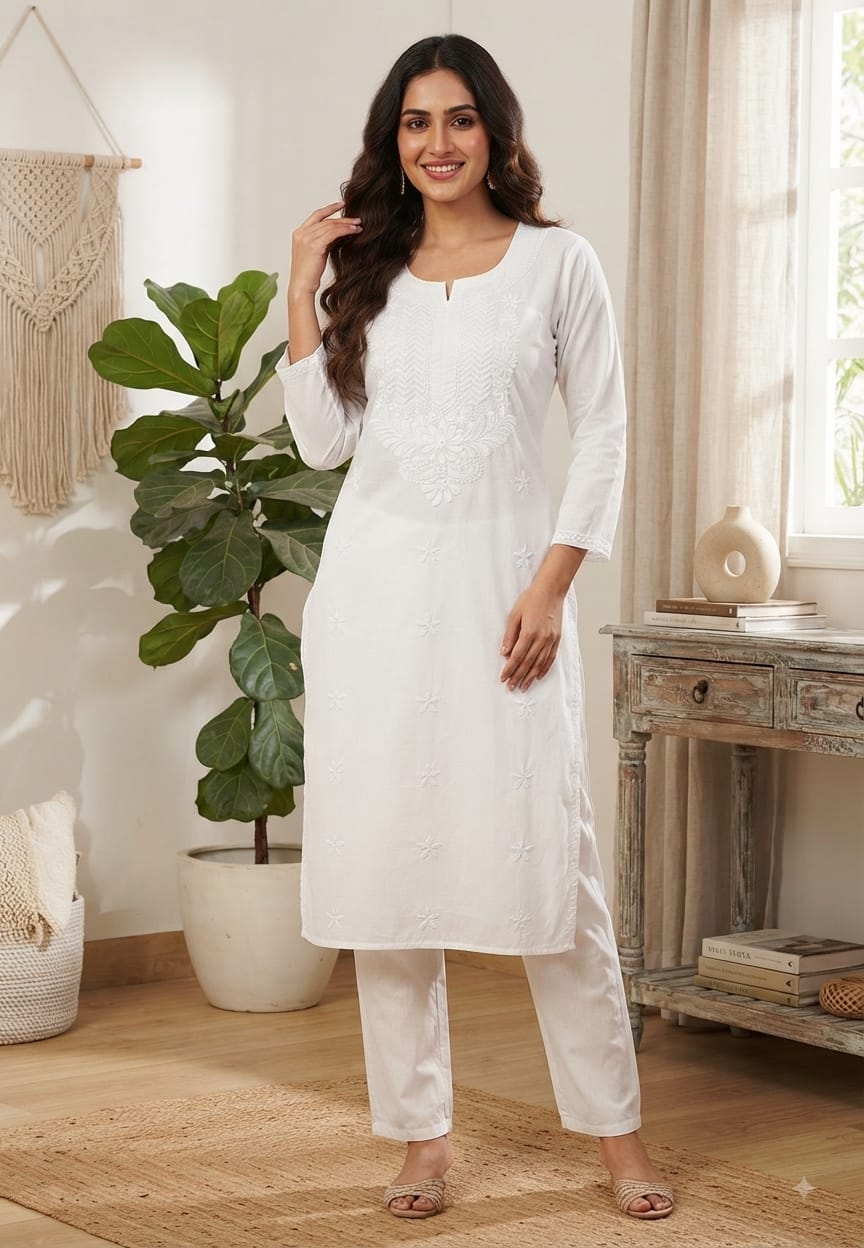Flawless White Base Chikankari Embroidery Thick Cotton Long Kurti Only- 15869