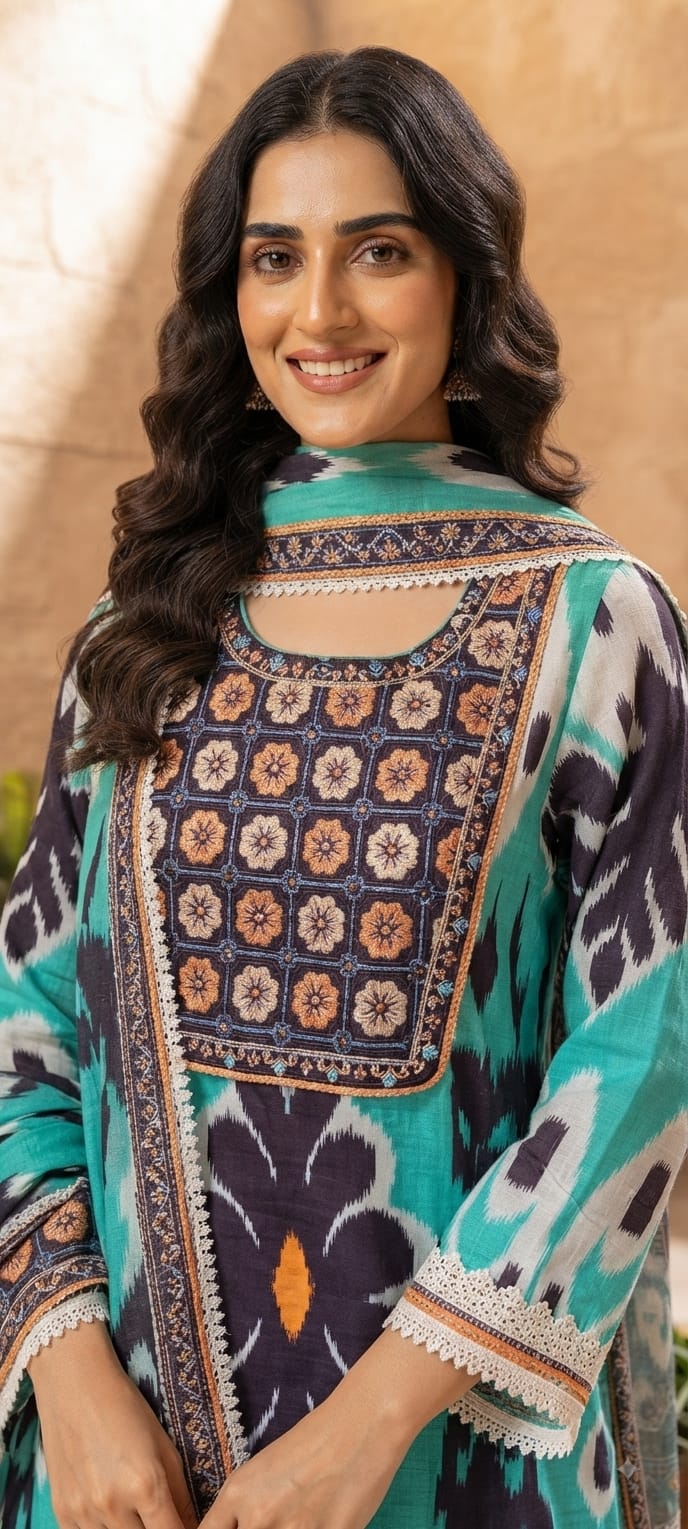Giant Ikkat Prints Floral Embroidery Yoke A-Line Cotton Full Suit Set With Dupatta Code-12345