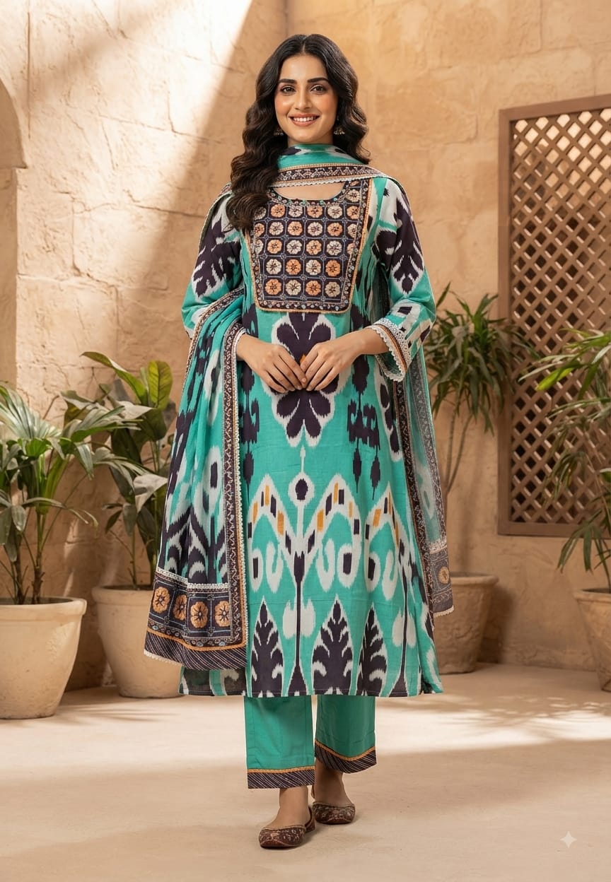Giant Ikkat Prints Floral Embroidery Yoke A-Line Cotton Full Suit Set With Dupatta Code-12345