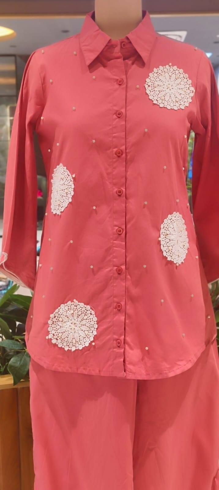 Crochet With Pearl Round Detailing Premium Cotton Co-Ord Set- 15827