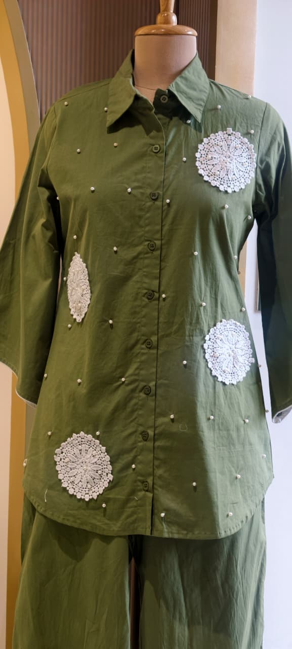Crochet With Pearl Round Detailing Premium Cotton Co-Ord Set- 15827