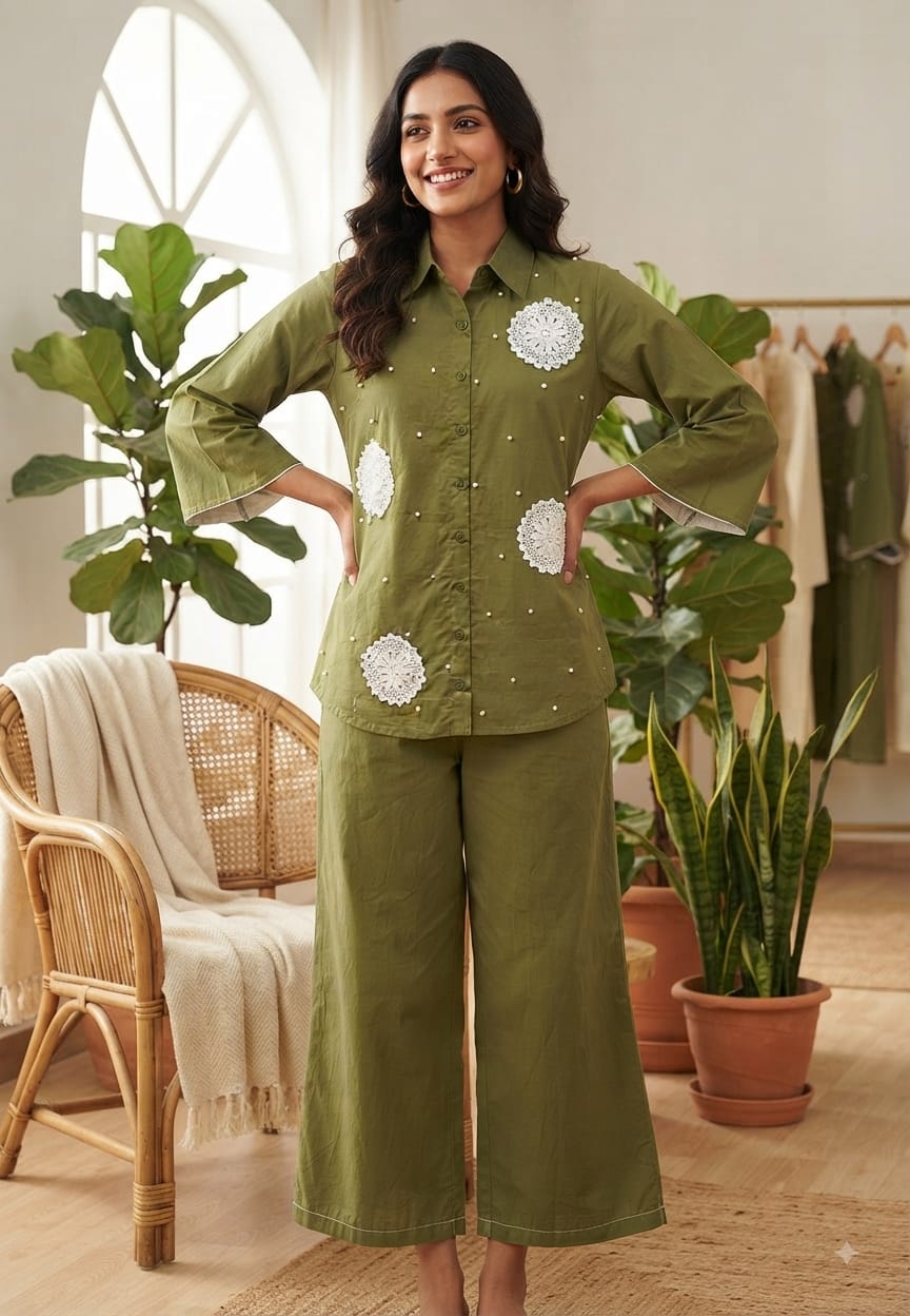 Crochet With Pearl Round Detailing Premium Cotton Co-Ord Set- 15827