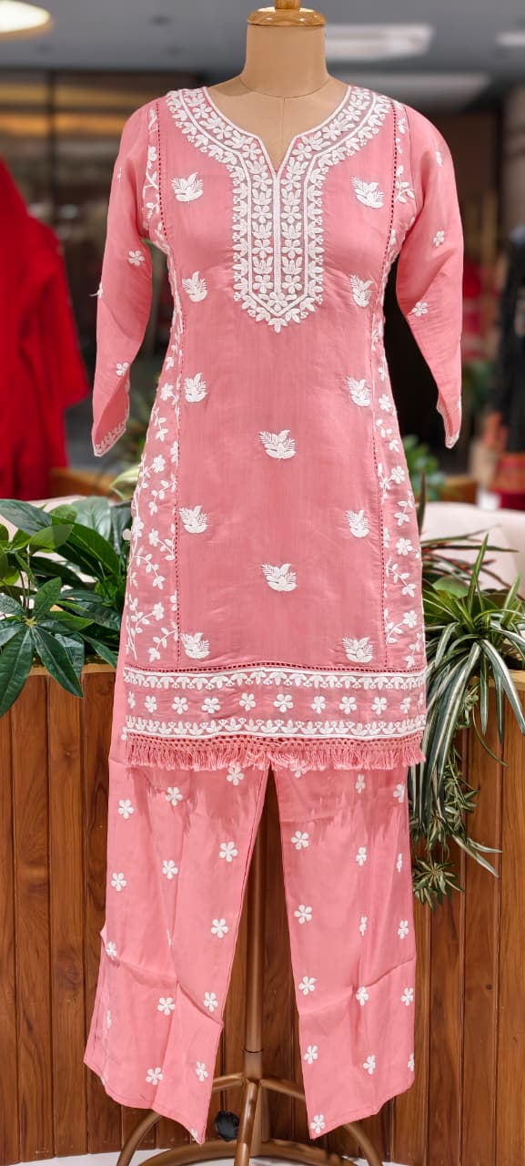 Floral Intricate Thread Embroidered Premium Surat Mul-Chanderi Straight Full Suit Set With Dupatta- 15893