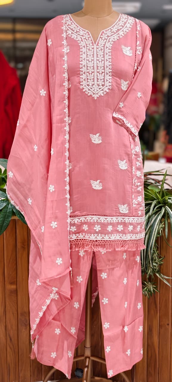 Floral Intricate Thread Embroidered Premium Surat Mul-Chanderi Straight Full Suit Set With Dupatta- 15893