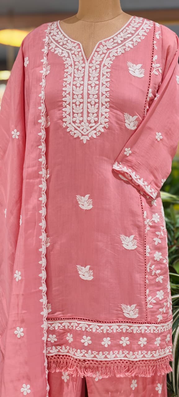 Floral Intricate Thread Embroidered Premium Surat Mul-Chanderi Straight Full Suit Set With Dupatta- 15893