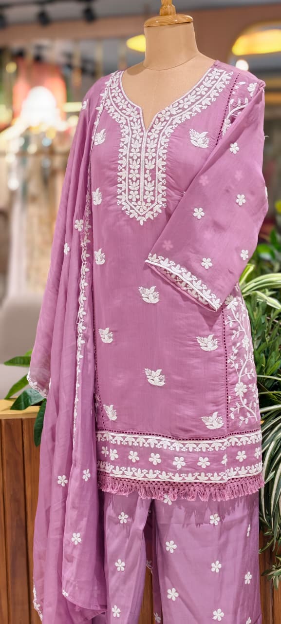 Floral Intricate Thread Embroidered Premium Surat Mul-Chanderi Straight Full Suit Set With Dupatta- 15893