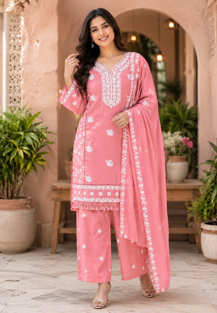 Beautiful Floral Fine Thread Embroidered Premium Surat Mul-Chanderi Full Suit Set With Dupatta- 15899