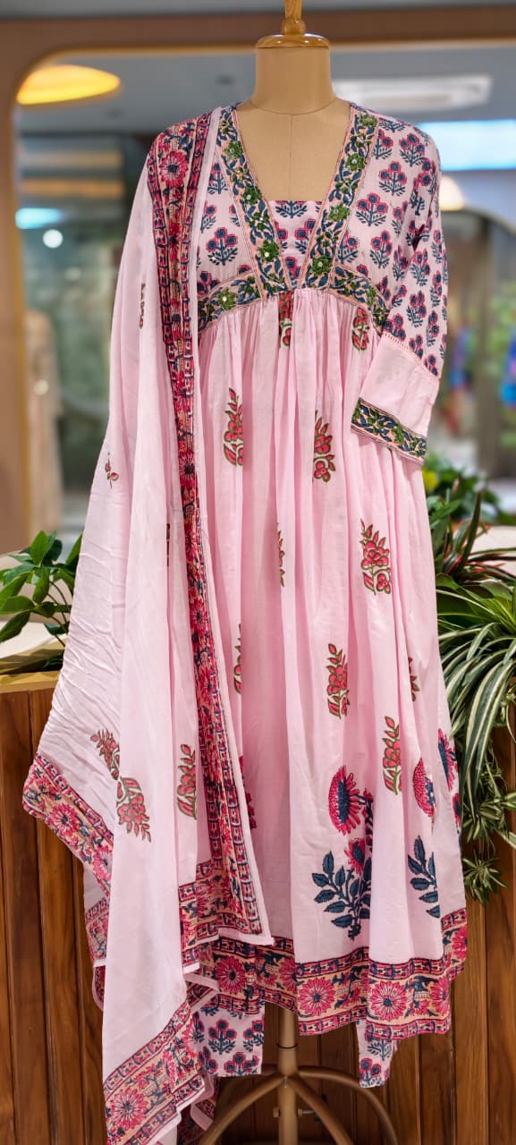 Elegant V-Neckline Alia-Cut Soft Cotton Anarkali Full Suit Set With Floral Block Prints- 15834, 15835
