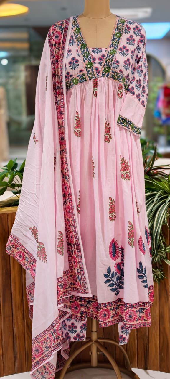 Elegant V-Neckline Alia-Cut Soft Cotton Anarkali Full Suit Set With Floral Block Prints- 15834, 15835