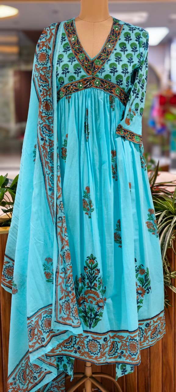 Elegant V-Neckline Alia-Cut Soft Cotton Anarkali Full Suit Set With Floral Block Prints- 15834, 15835