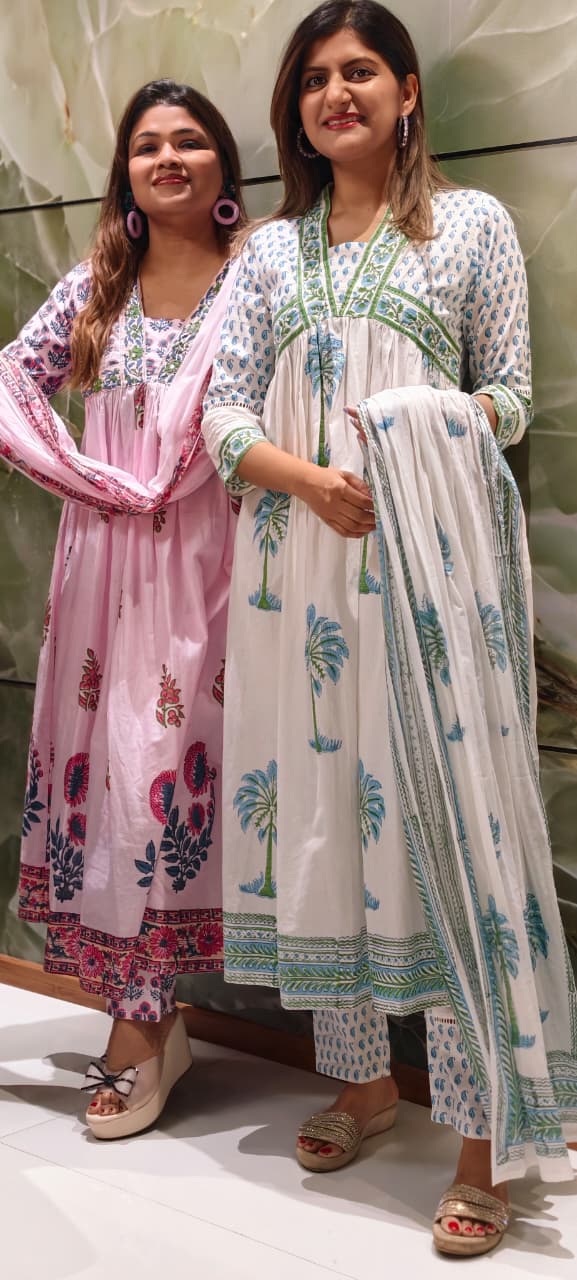 Elegant V-Neckline Alia-Cut Soft Cotton Anarkali Full Suit Set With Floral Block Prints- 15834, 15835