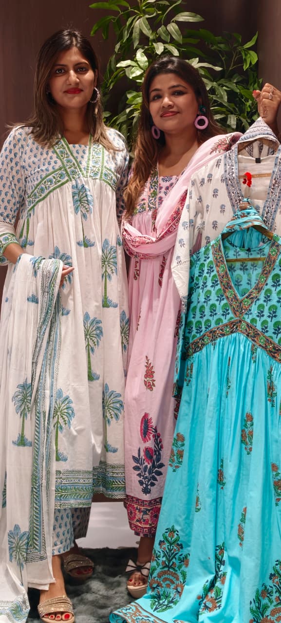 Elegant V-Neckline Alia-Cut Soft Cotton Anarkali Full Suit Set With Floral Block Prints- 15834, 15835