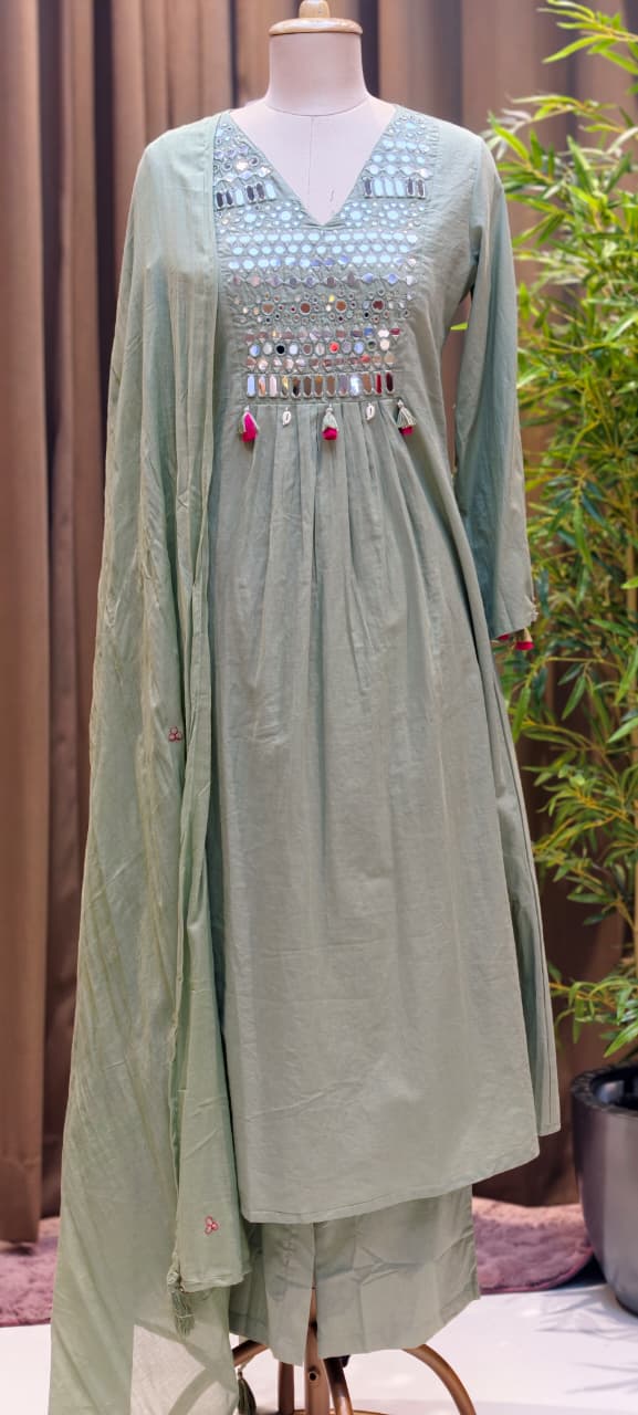Kodi Real Mirror Work Handwork Boho Style A-Line Cotton Full Suit Set With Dupatta- RB567