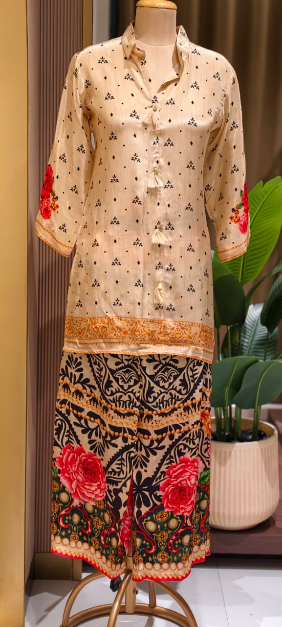 Digital Floral Multi Printed Tassel Accent Mandarin Collared Crepe Co-Ord Set- 15239