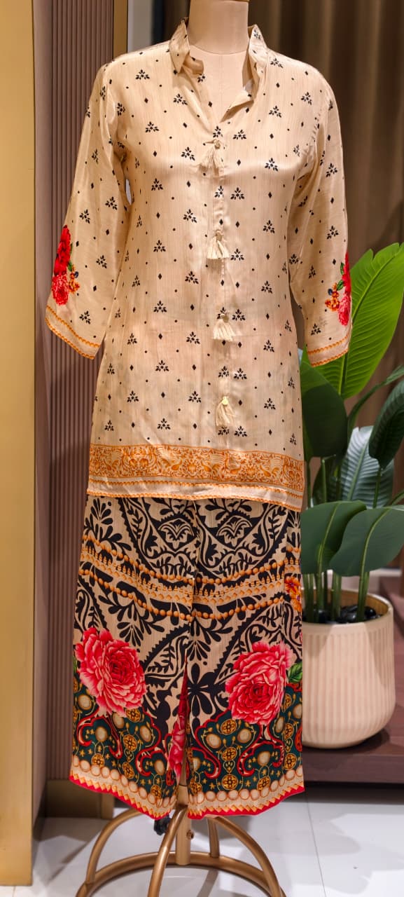 Digital Floral Multi Printed Tassel Accent Mandarin Collared Crepe Co-Ord Set- 15239