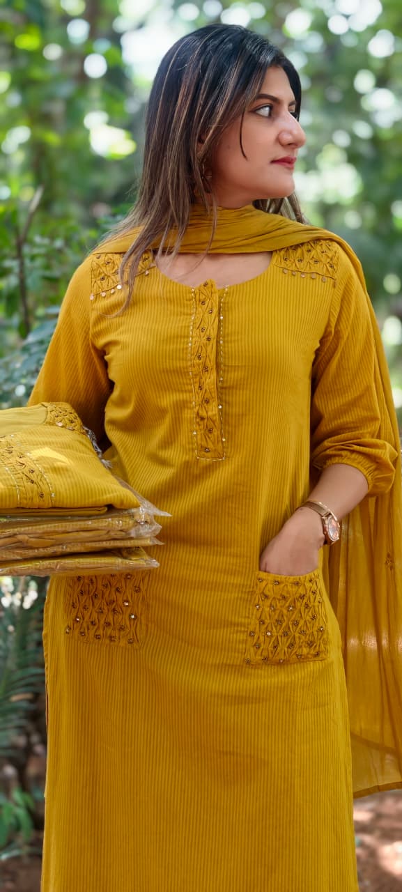 Pin-Tucks Style Pocket Look Mustard Shaded Cotton Straight Full Suit Set With Dupatta- 15785