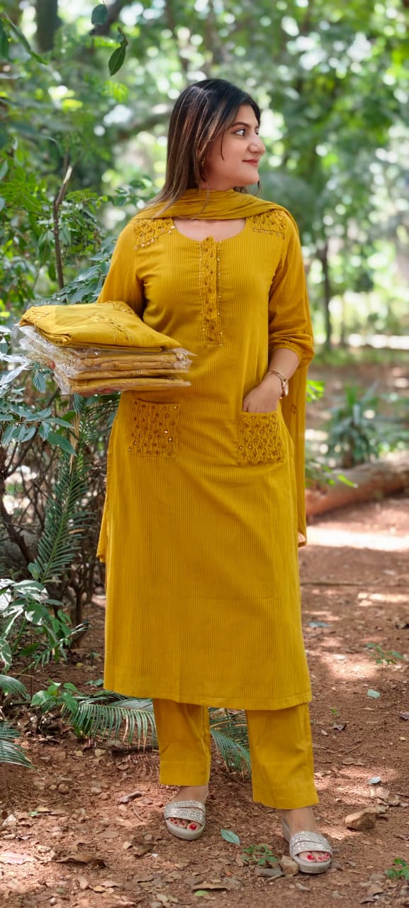 Pin-Tucks Style Pocket Look Mustard Shaded Cotton Straight Full Suit Set With Dupatta- 15785