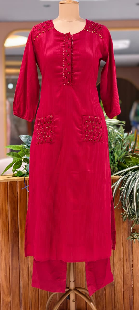 Pin-Tucks Style Pocket Look Mustard Shaded Cotton Straight Full Suit Set With Dupatta- 15785