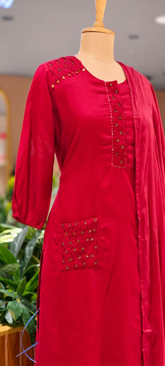 Pin-Tucks Style Pocket Look Mustard Shaded Cotton Straight Full Suit Set With Dupatta- 15785