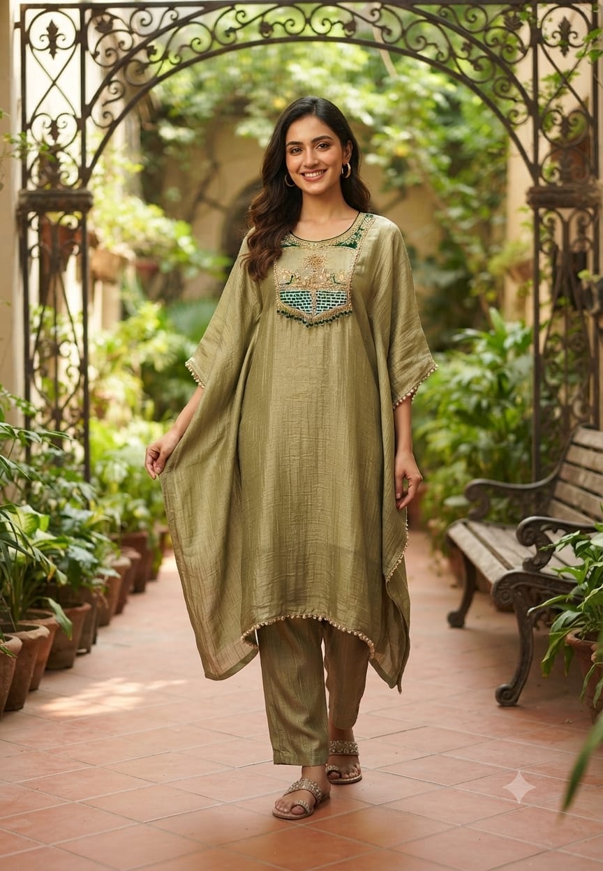 Dabka Contrasted Embroidered Tassel Yoke Premium Salsa Fabric Kaftan With Matching Bottom- 15972