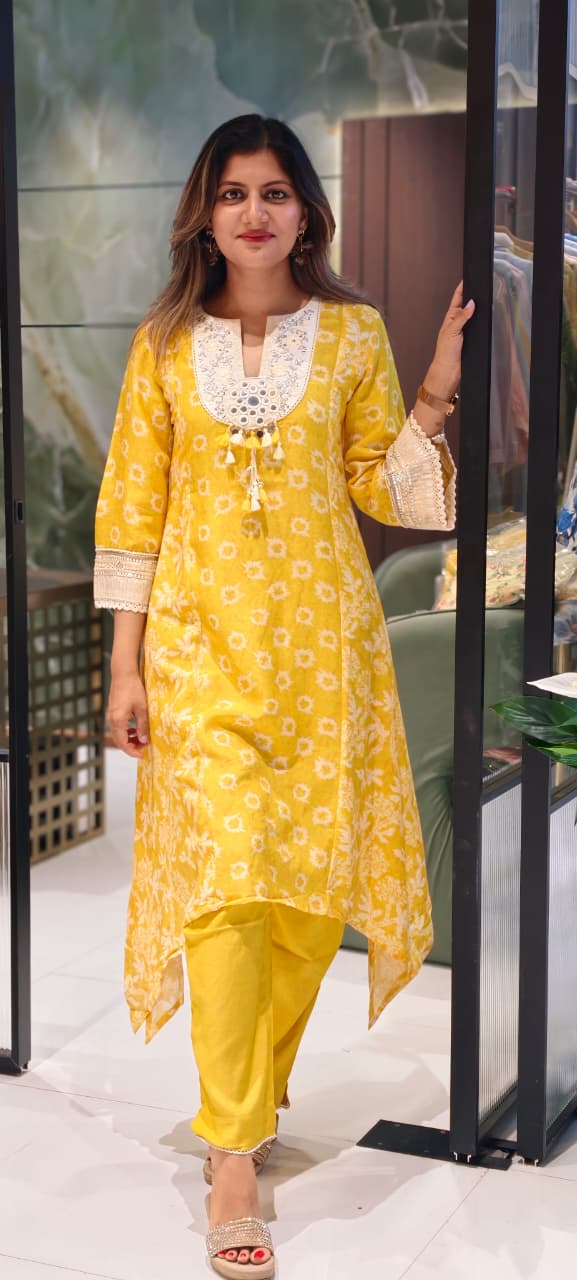 Graceful Summer Yellow Boho Tassel Accent Yoke Printed Panel Pure Linen A-Line Kurta Pant Set- 15507