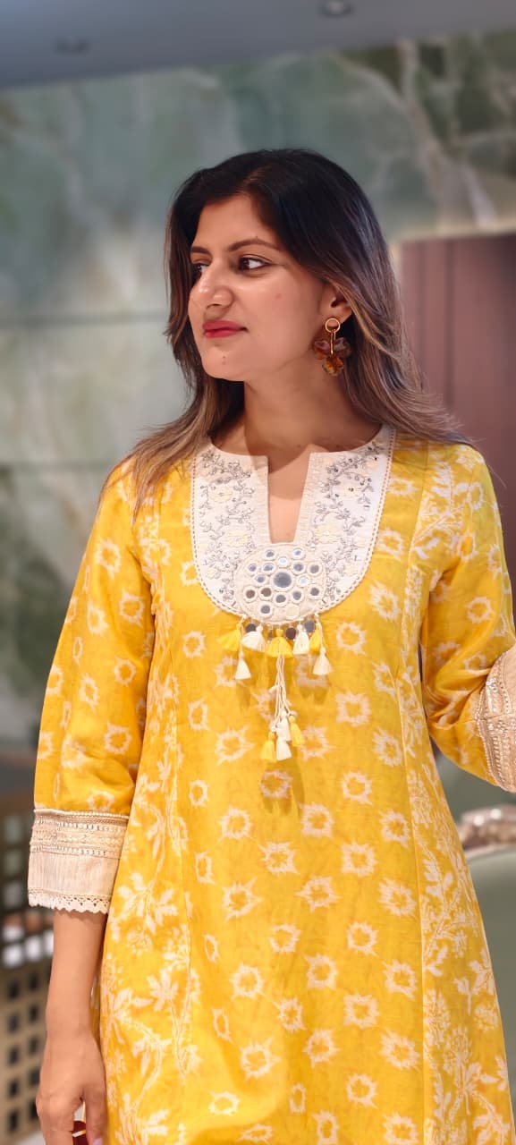 Graceful Summer Yellow Boho Tassel Accent Yoke Printed Panel Pure Linen A-Line Kurta Pant Set- 15507