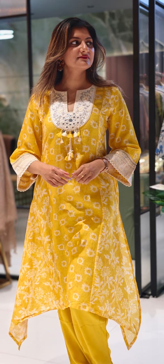 Graceful Summer Yellow Boho Tassel Accent Yoke Printed Panel Pure Linen A-Line Kurta Pant Set- 15507