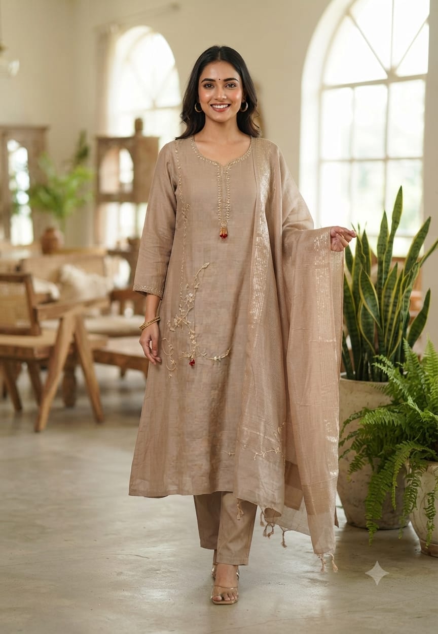 Minimal Rich Intricate Embroidered Tassel Highlights Premium Mul-Chanderi A-Line Full Suit Set With Dupatta- 15941