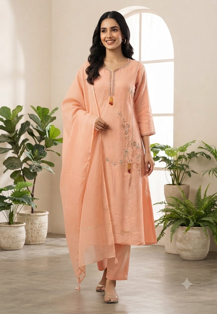 Minimal Rich Intricate Embroidered Tassel Highlights Premium Mul-Chanderi A-Line Full Suit Set With Dupatta- 15941