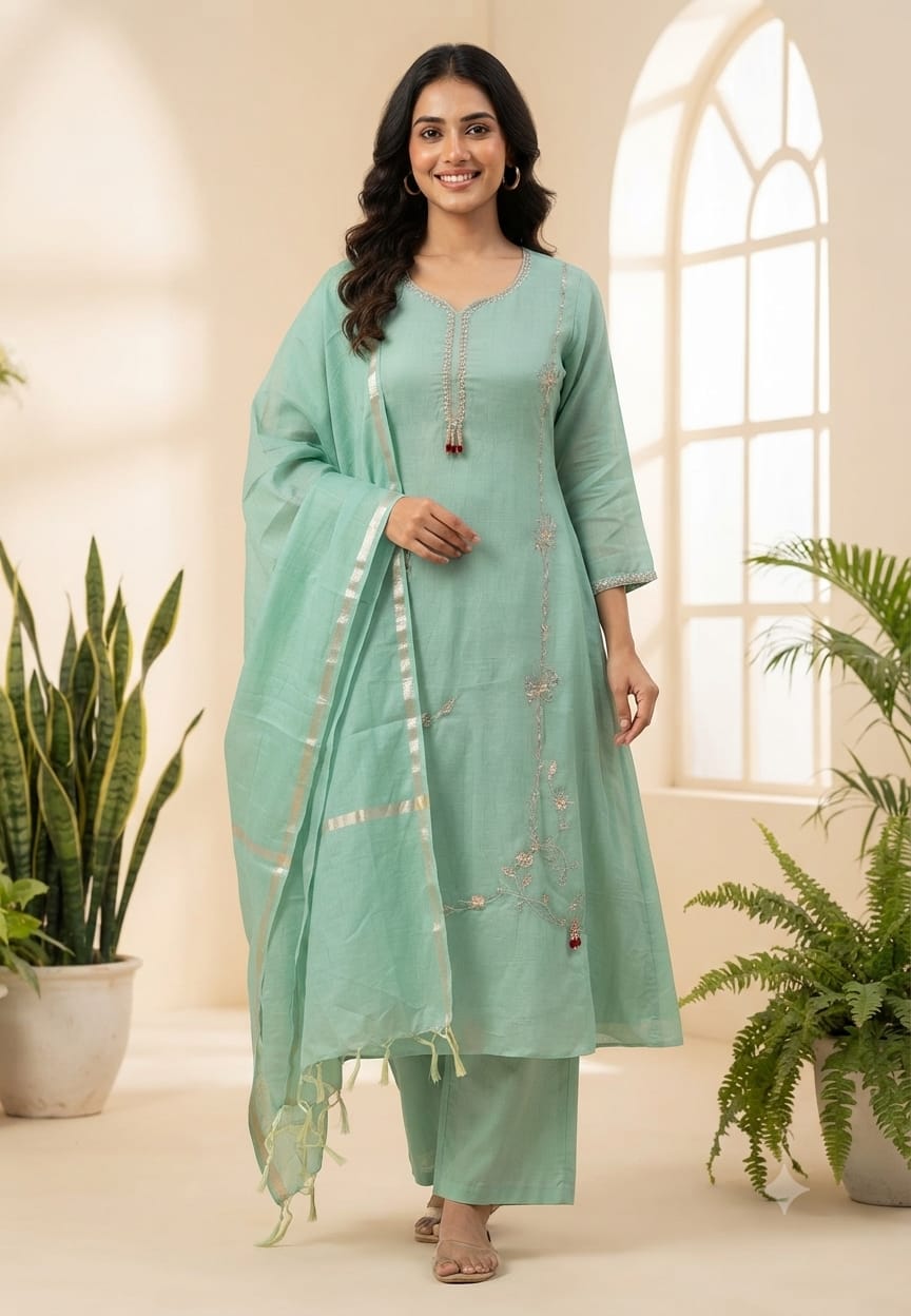 Minimal Rich Intricate Embroidered Tassel Highlights Premium Mul-Chanderi A-Line Full Suit Set With Dupatta- 15941