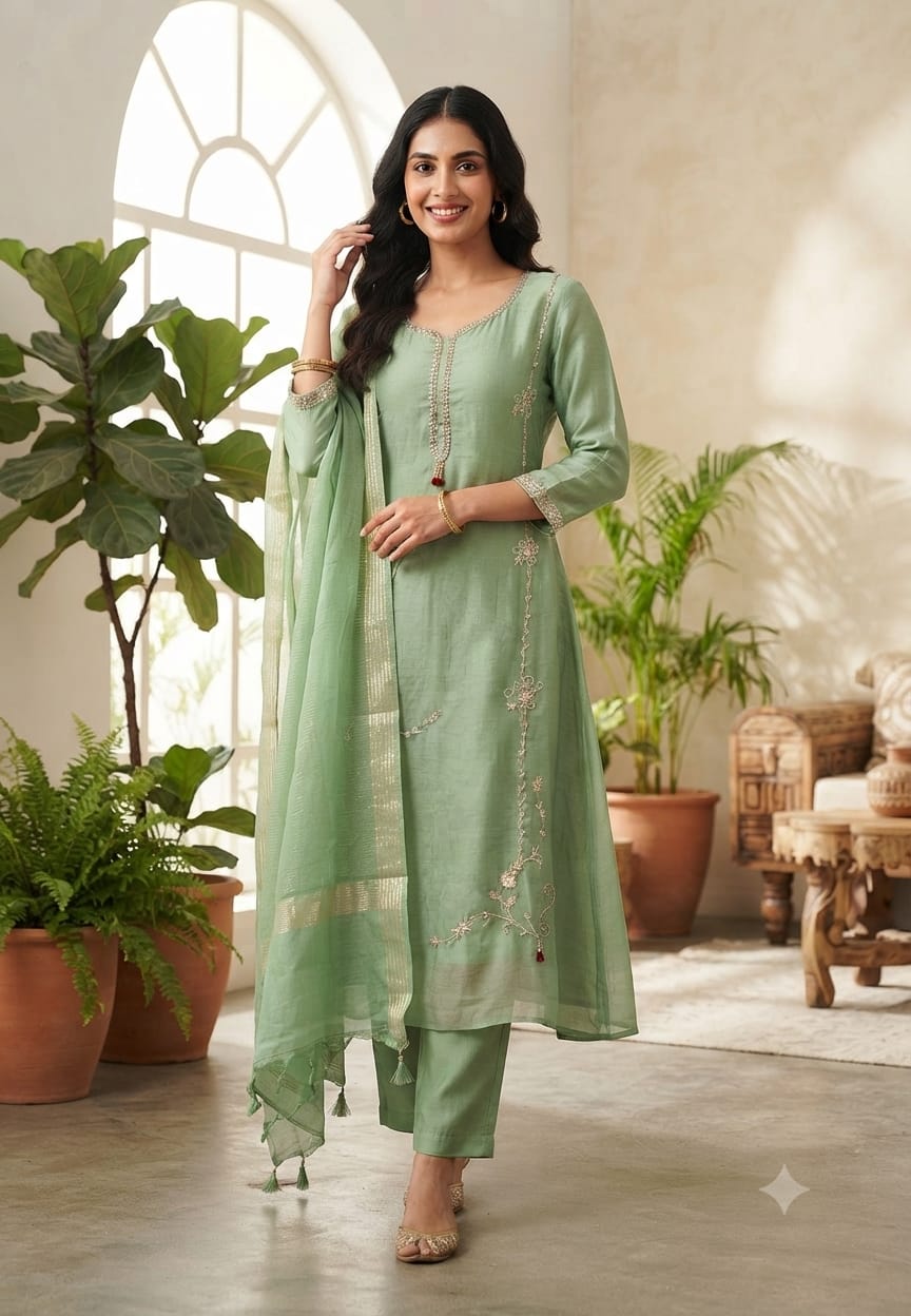 Minimal Rich Intricate Embroidered Tassel Highlights Premium Mul-Chanderi A-Line Full Suit Set With Dupatta- 15941