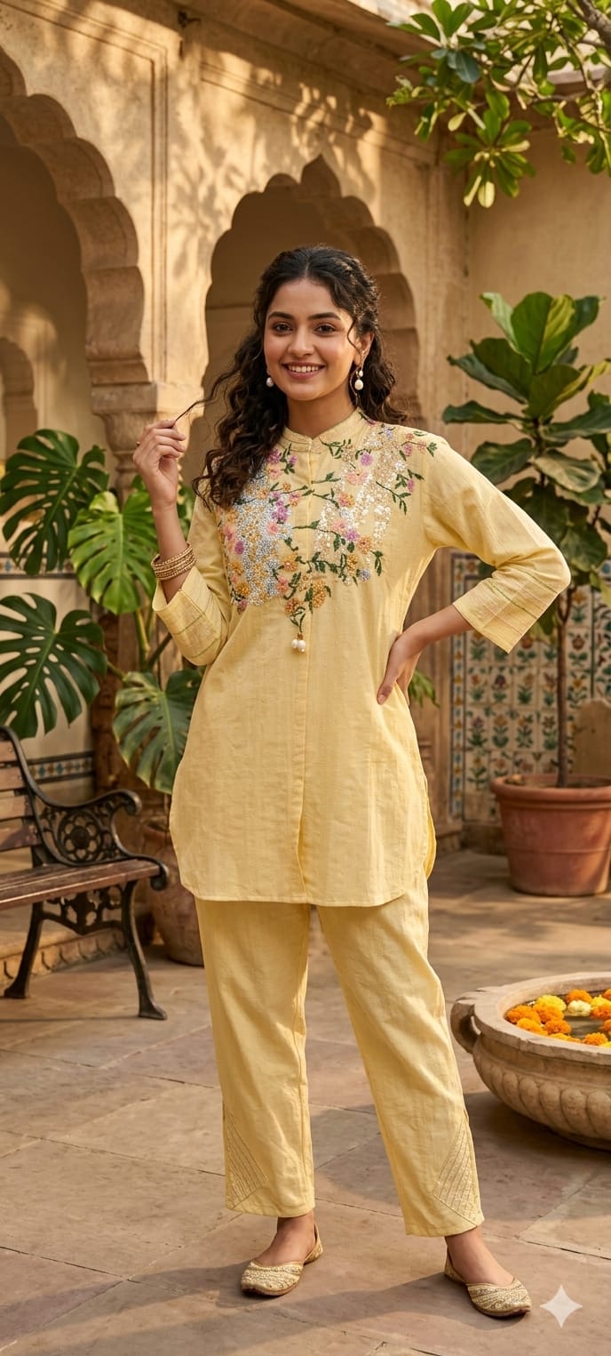 3D Sequin Floral Embroidered Yoke Mandarin Collar Matching Co-Ord Set- 15210